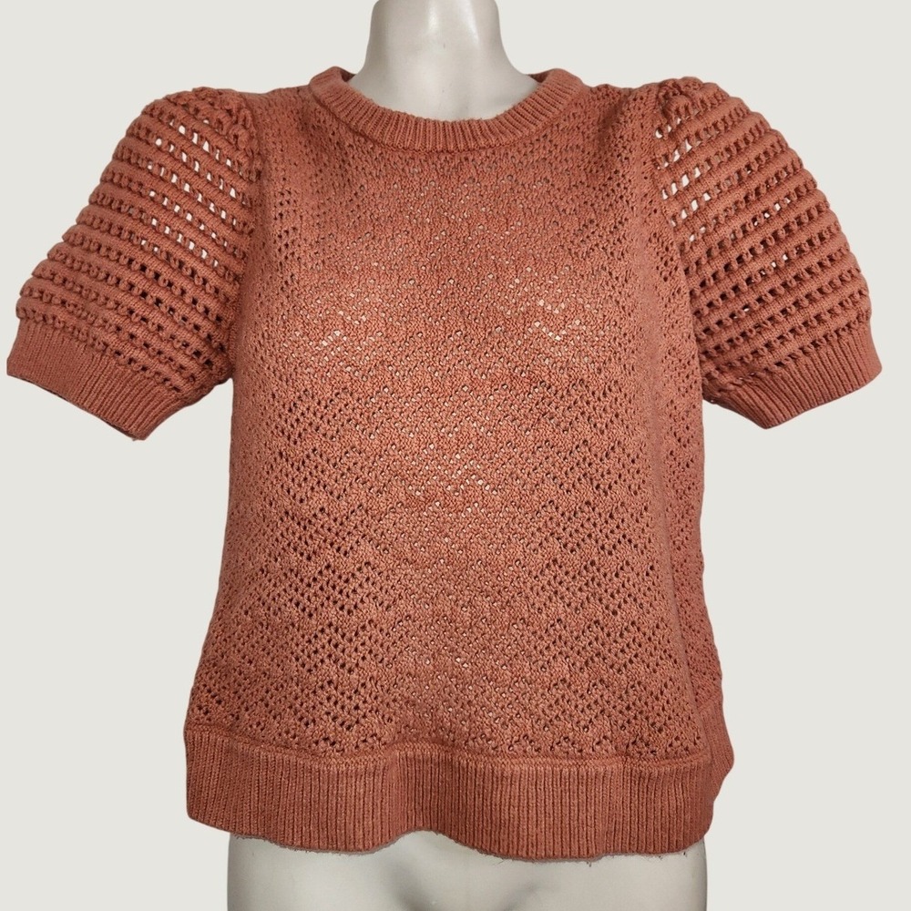 Madewell Women L Terracotta Pointelle Puff Short Sleeve Sweater Top CKP460019915